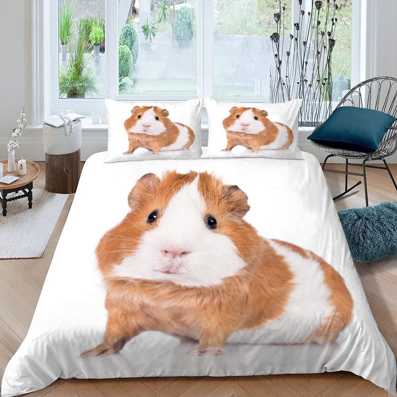 MEVASA Guinea Pig Bedding Double Bed Set Microfiber Teenager Bedding Animals White 3D Bedding Set for Small Double 3Pcs Anti Allergic Double Duvet Cover Set with Zipper /200x200