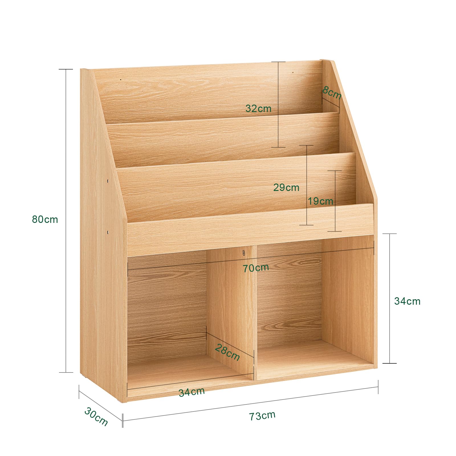 SoBuy Dziecięca Biblioteczka i Regał na Zabawki z 3 Poziomami i 2 Przegrodami, Regał na Książki do Pokoju Niemowlęcego, Naturalny, 73x30x80 cm, KMB01-N