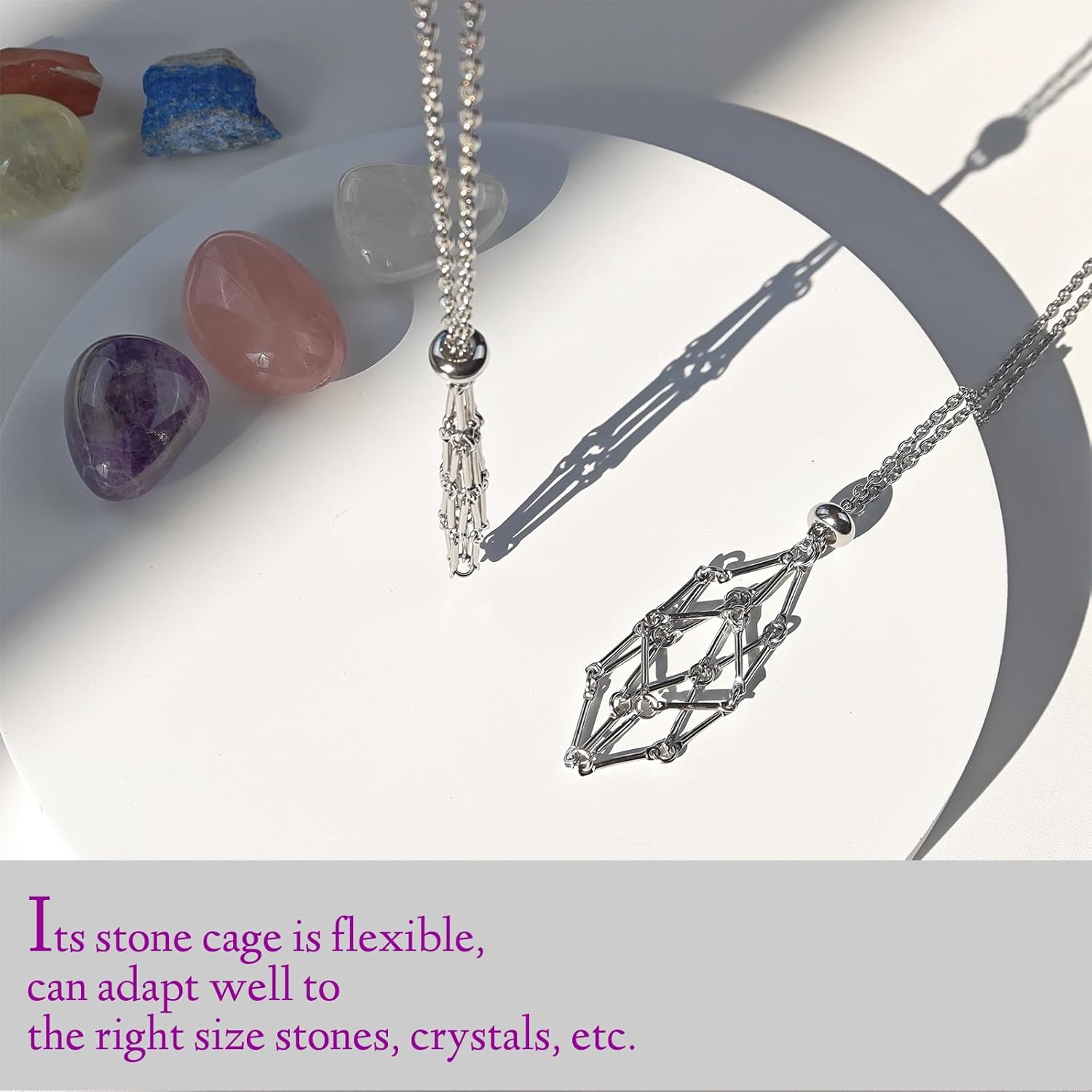 Interchangeable Crystal Holder Necklace,Crystal Stone Cage Pendant Necklace,Stainless Steel Crystal Gemstone Holder Necklaces for Women Men