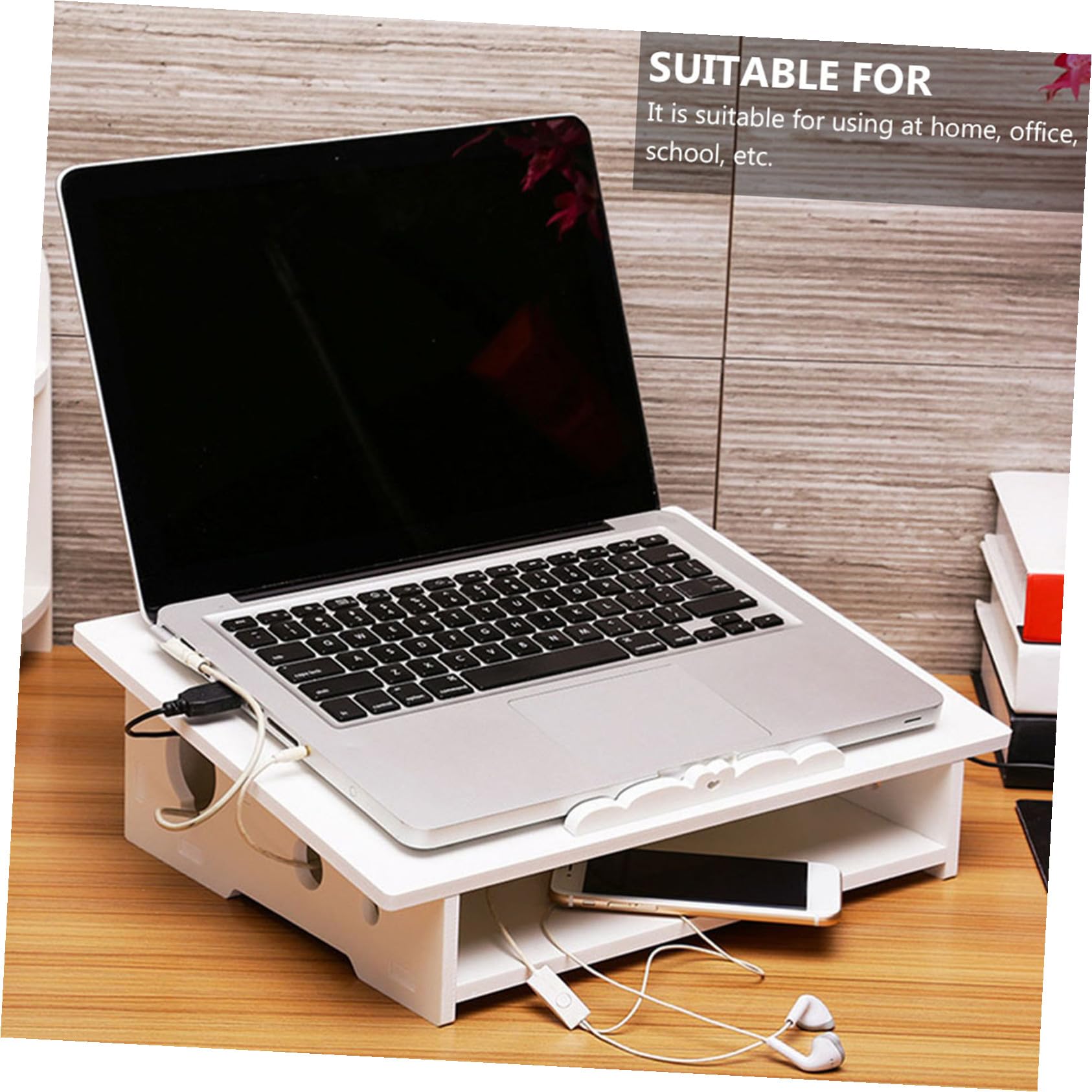Support D'ordinateur Portable Blanc en Bois et Plastique, Stable et Gain de Place, Accessoire Informatique pour Bureau et École