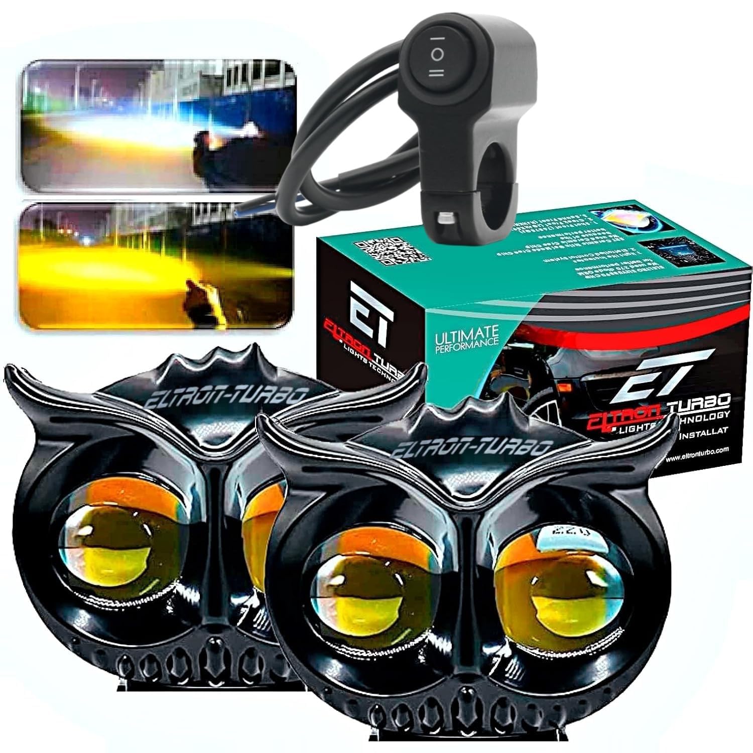 ELTRON TURBO OWL Shape Imported 2 LED Fog Light 12V DC, Auxiliary Spot Projector White Color Light With Flashing Off-Roading Universal for All Motorcycle, Bikes, Scooty (Pack of 2, Free On/Off Switch)