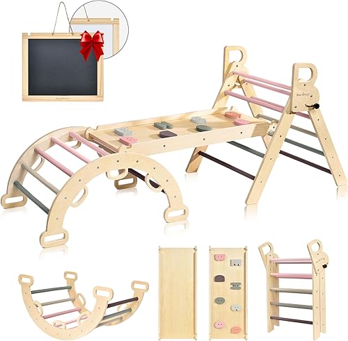 Miniatura 8 de BlueWood 2025 8-en-1 Juego de Escalada Triangular Pikler para Niños Pequeños Juguetes de Interior Parque Infantil de Jungla para Bebés - Rosa Morado