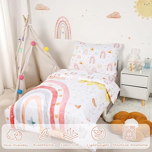Miniatura 3 de CARUILI Juego de ropa de cama infantil de 4 piezas para niñas, juego de edredón bohemio de arco iris, ultra suave y transpirable, incluye edredón
