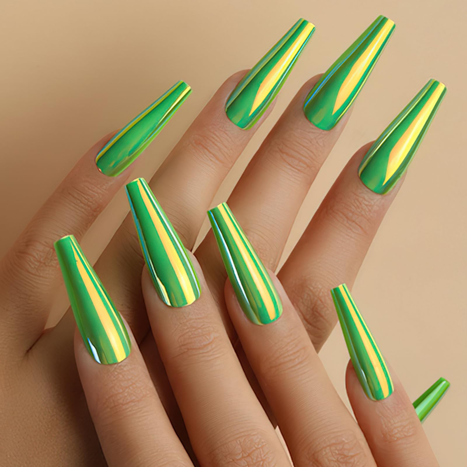 ROFIBUT 24PCS Chrome Press on Holographic Coffin False Nails - Fluorescent Laser Mirror Metallic Art Long Ballerina Glue on Nails