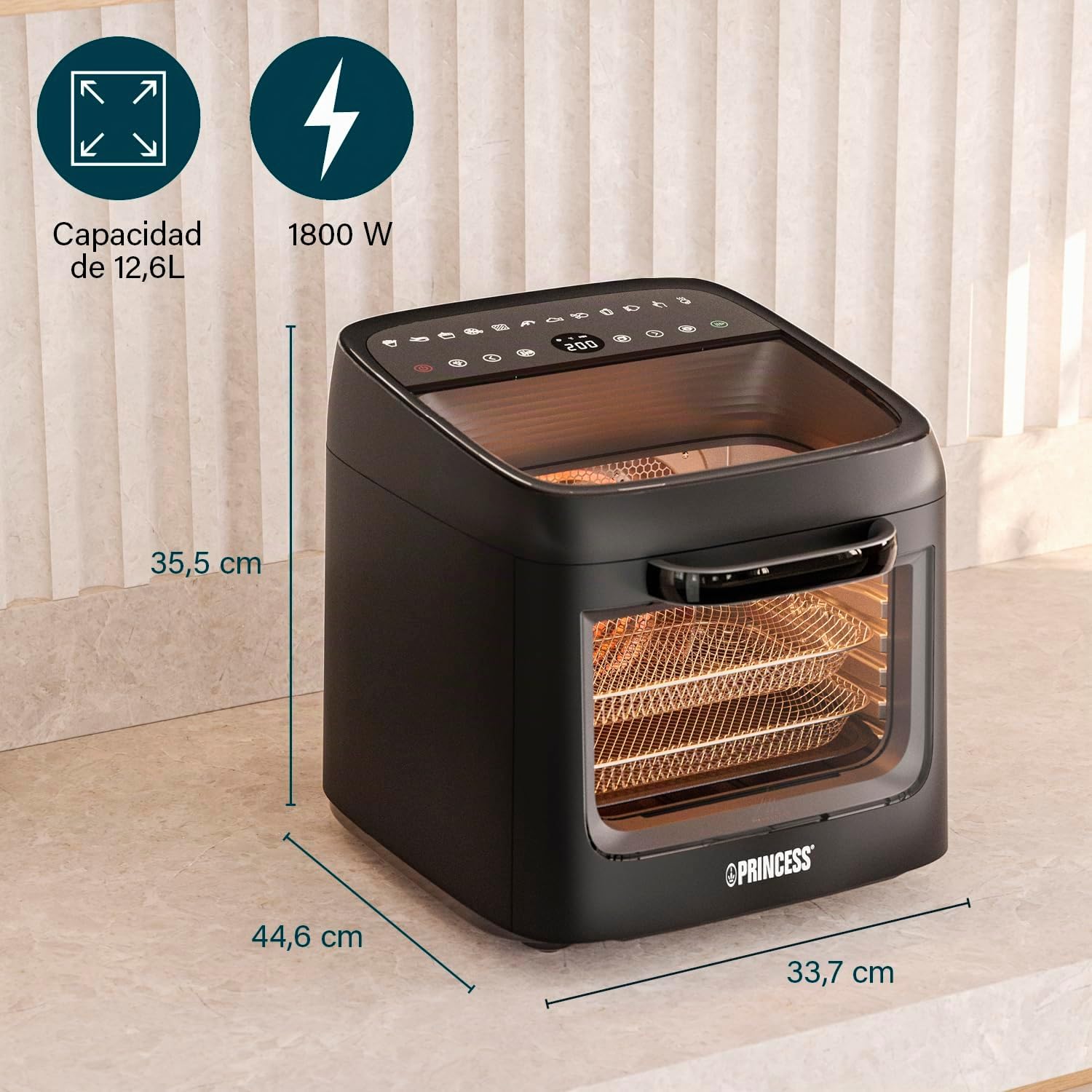 Princess Freidora de Aire Horno Vision, Capacidad de 12,6 L, Potencia de 1800 W, Cocción Multifunción, Panel Digital, Fácil de Limpiar, 182494