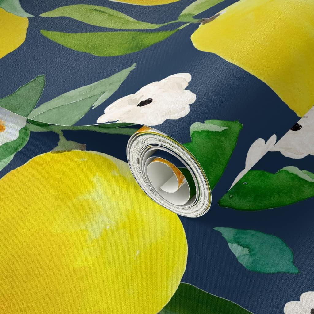 Peel & Stick Wallpaper 3ft x 2ft - Lemon Dark Blue Back Flowers Floral Spring Summer Garden Kitchen Custom Removable Wallpaper by Spoonflower