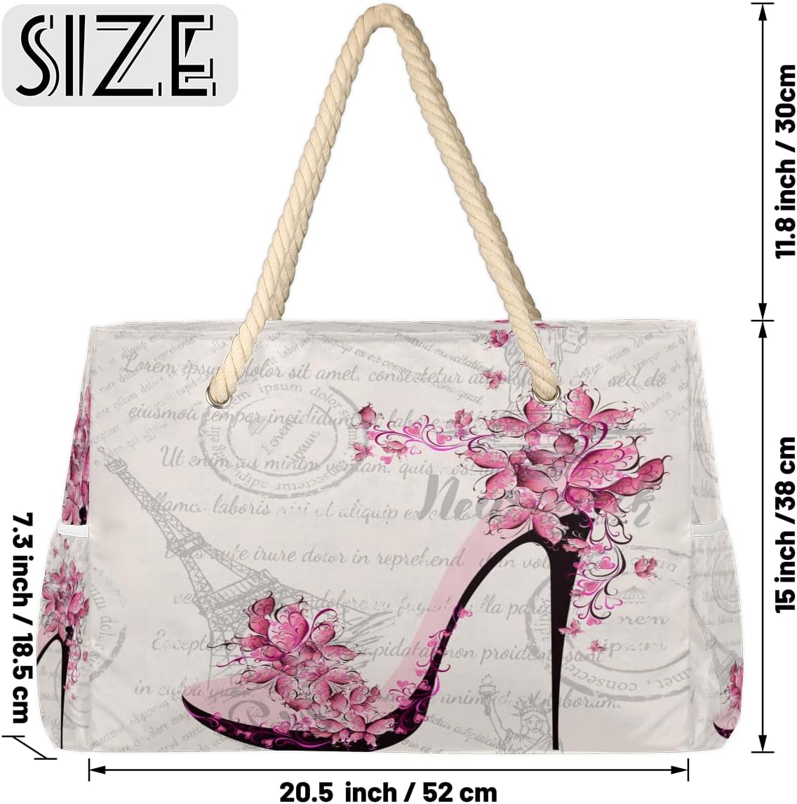 High Heeled Shoes Beach Bag for Women Waterproof Sandproof Tote with Zipper Cotton Rope Handles for Travel Pool Gym Shopping