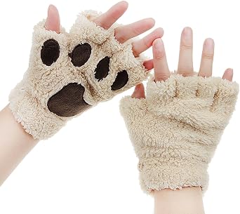 Womens Bear Plush Cat Paw Claw Gloves Soft Faux Fur Winter Warm Fingerless Gloves Mitten Hallowmas Cosplay Costume Gift