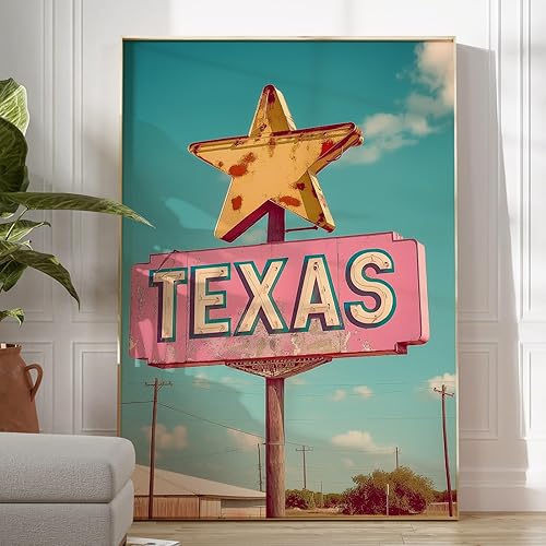 Gobeiuasy Póster vintage de Texas con diseño retro de Texas, arte de pared, color rosa, azul, para habitación, estética, rústico, impresión