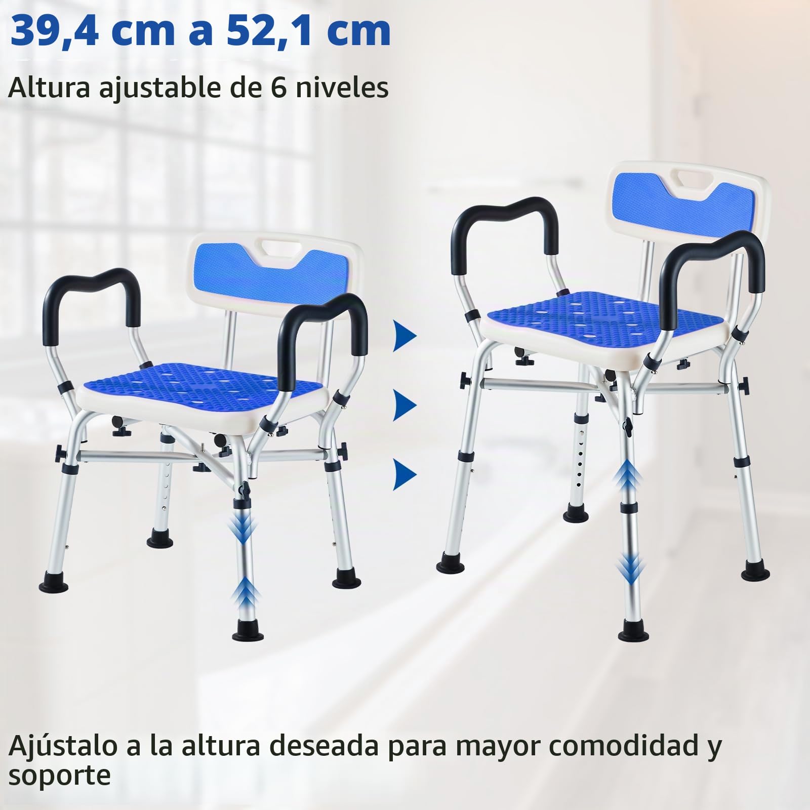 Silla de Ducha Mayores-Silla Ducha Ancha y Resistente con Respaldo y reposabrazos, Asiento De Ducha Antideslizante para Baño con Ajuste De Altura en 6 Niveles para Adultos y Personas Mayores