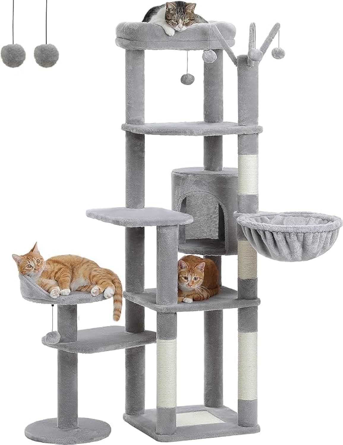 LOYAL RAIN 150cm Tall Cactus Cat Tree for Large Cat, Multi-Level Cat Tower for Indoor Cats, Cat Condo with Large Hammock, Scratching Post, and 2 Perches (Grey)