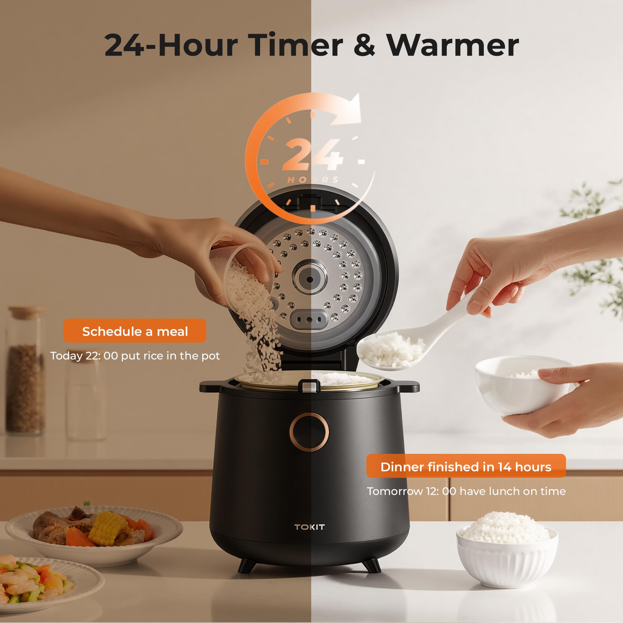 TOKIT 1,5L Reiskocher Klein für 1-2 Personen, Multikocher Mini Reiskocher mit Antihaftbeschichtetem Aus Edelstahl, 24-Stunden-Timerund Warmhalten, tragbar, 9 Funktionen für Braunen Reis, Dampf, Suppe