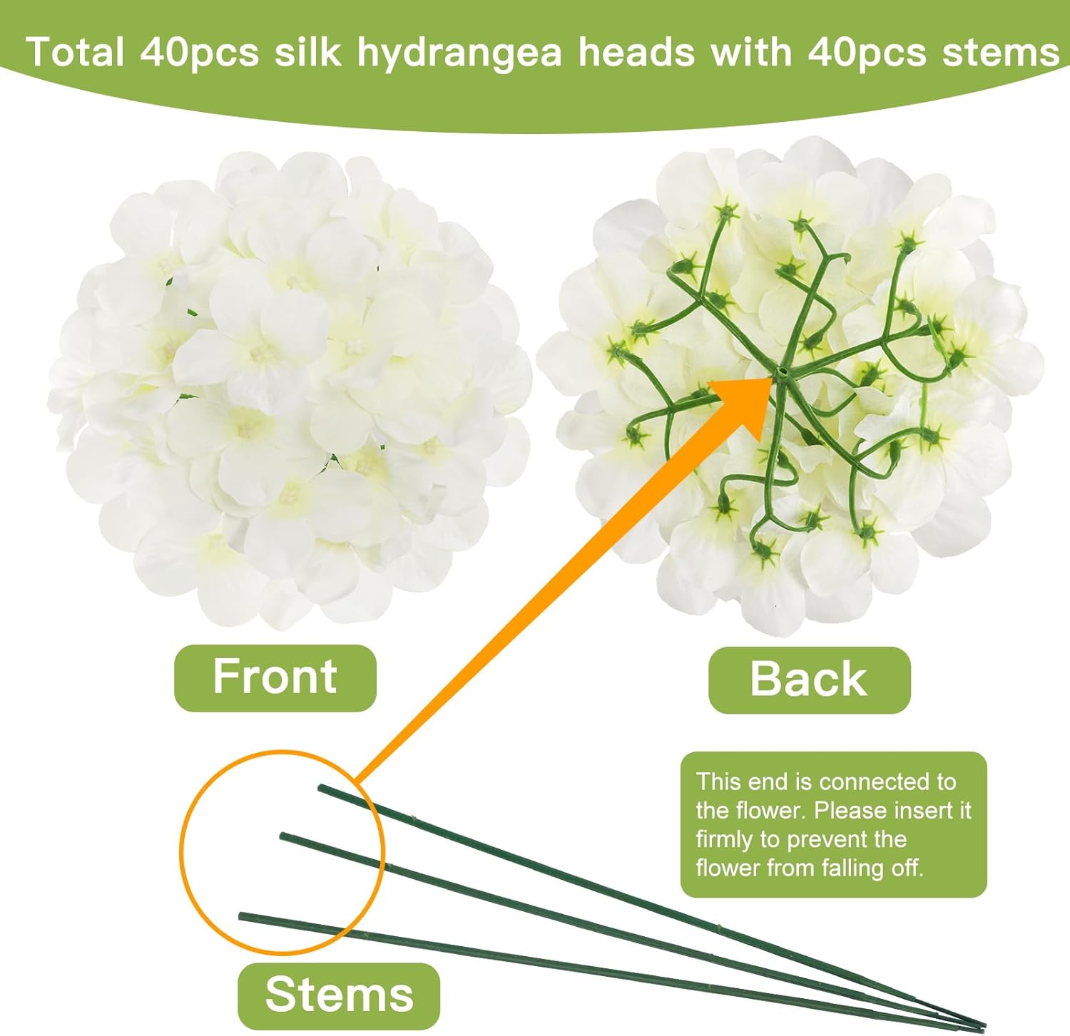 JPSOR 40pcs Artificial Hydrangea Silk Flower Heads with Stems, Fake Flowers for Mothers Day Wedding Centerpiece Home Garden Party Decoration (White) - Image 2