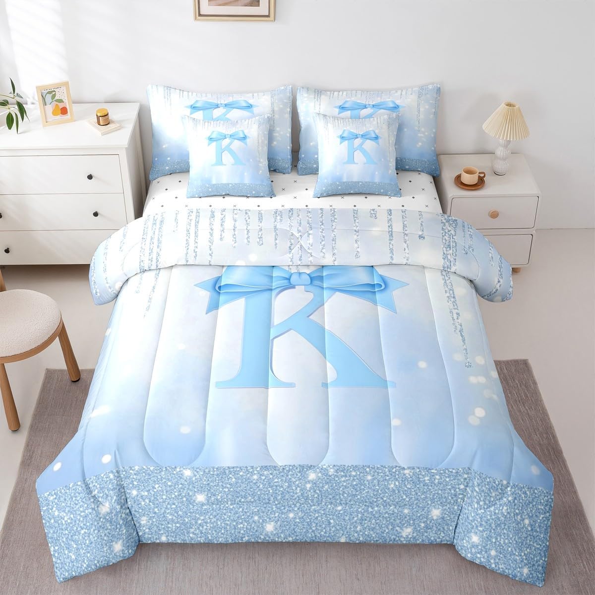 Feelyou Blue Bowknot Comforter Set Twin Size 7 Pieces Initial Letter K Bedding Set Kids Boy Girls Princess Glitter Bed in a Bag with Comforter, Sheets, Pillowcases, Cushion Covers Cute Bow Alphabet