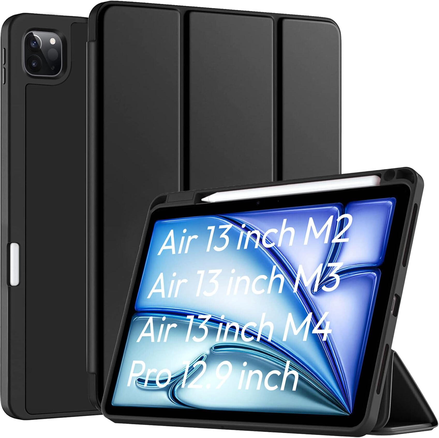 Robustrion Cover for iPad Air 13 inch M4/M3/M2 (2026/2025/2024) Cover Case/for iPad Pro 12.9 inch with Pencil Holder, Case Cover for iPad Air 13 inch [Auto Sleep Wake Support] - Black