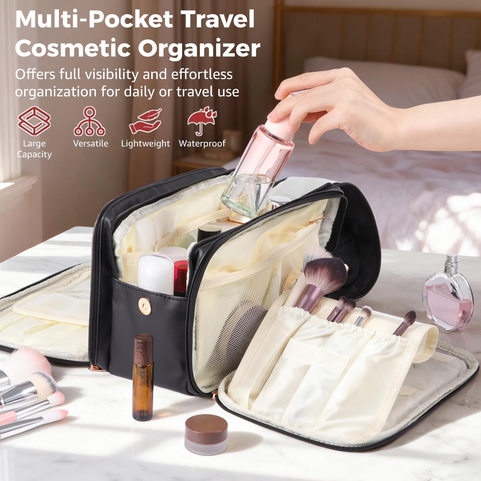 Kosmetiktasche für Reisen, große Make-up Tasche mit Mehreren Ebenen, Organizer mit Griff, PU Leder, wasserabweisend, tragbare Reißverschlusstasche mit aufstellbarem Pinselhalter