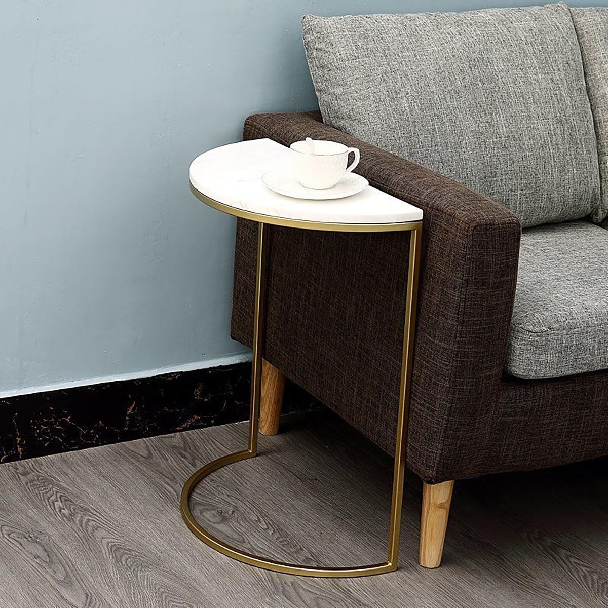 Petites Table D'appoint Demi-Lune, Table D'appoint Demi-Cercle En Métal Et Marbre, Table De Chevet Haute, Table Basse Avec Pieds En Métal, Pour Salon Chambre, Blanc, L15.7in/40cm