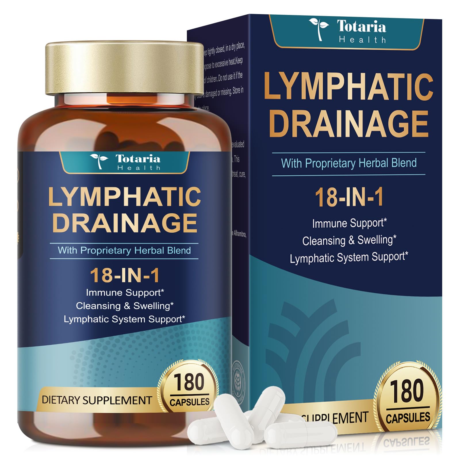 Totaria Lymphatic Drainage Supplements - Reduce Lymph Swelling with Echinacea, Dandelion, Burdock, Bromelain, Vitamin C, Zinc, Selenium, Proprietary Herbal Blend, Lymph MD System Support, 180 Counts 180 Count (Pack of 1)