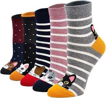 Womens Funny Cat Animal Socks Ladies Cotton Socks Funky Cartoon Dog Socks Cute Novelty Crew Socks 5 Pairs
