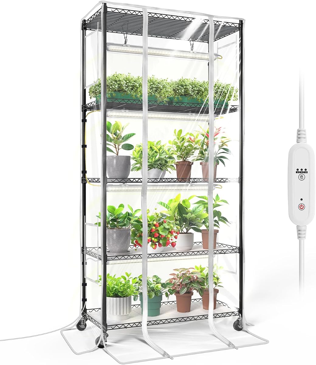 Invernadero de interior de 4 niveles con luz de cultivo, 29,5 x 13,8 x 59 pulgadas | Gabinete de invernadero interior de 4 niveles, paquete de 4 luces para plantas de espectro completo, temporizador, ideal para inicio de semillas y cultivo en interiores