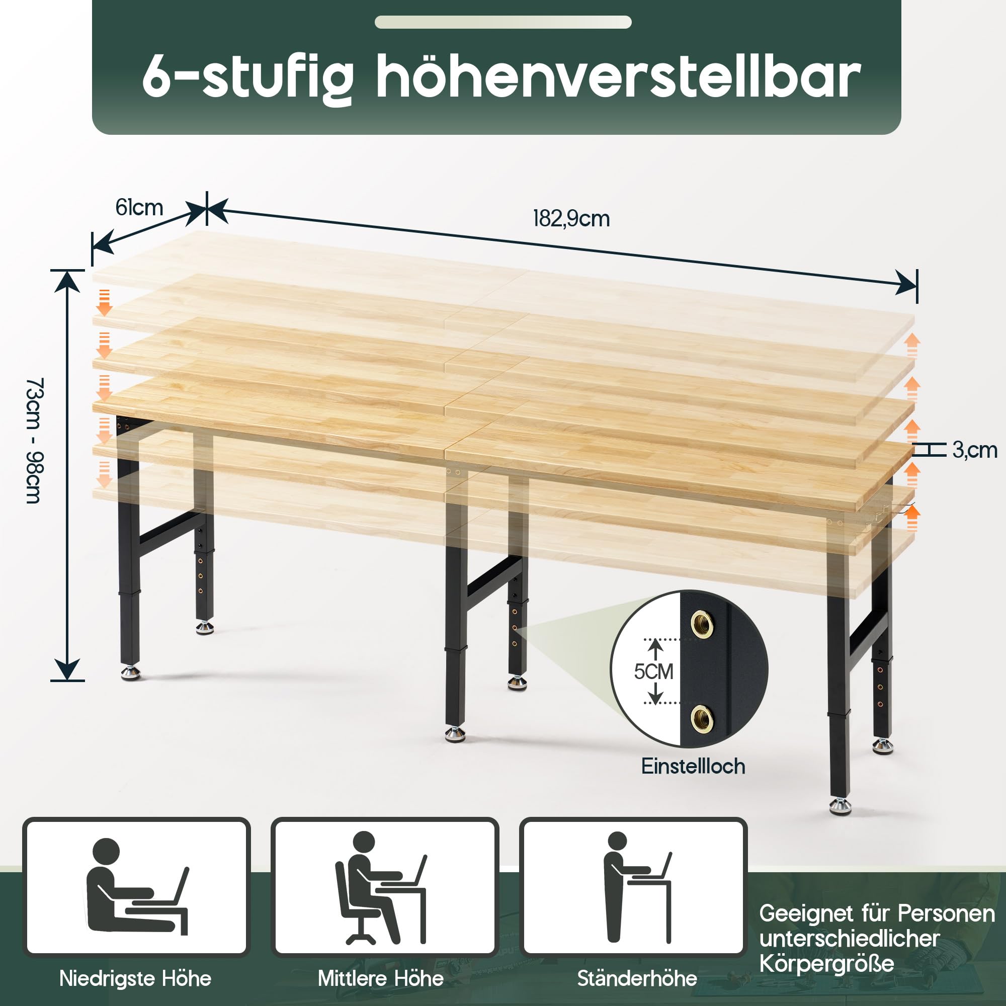 LUXOAK 183x61 cm höhenverstellbarer Werkbank mit Steckdosen, 2722 kg belastbare Holzwerkbank mit Haken, massiver Gummiholz-Arbeitsplatte für Garage, Werkstatt, Holzbearbeitung und Home-Office