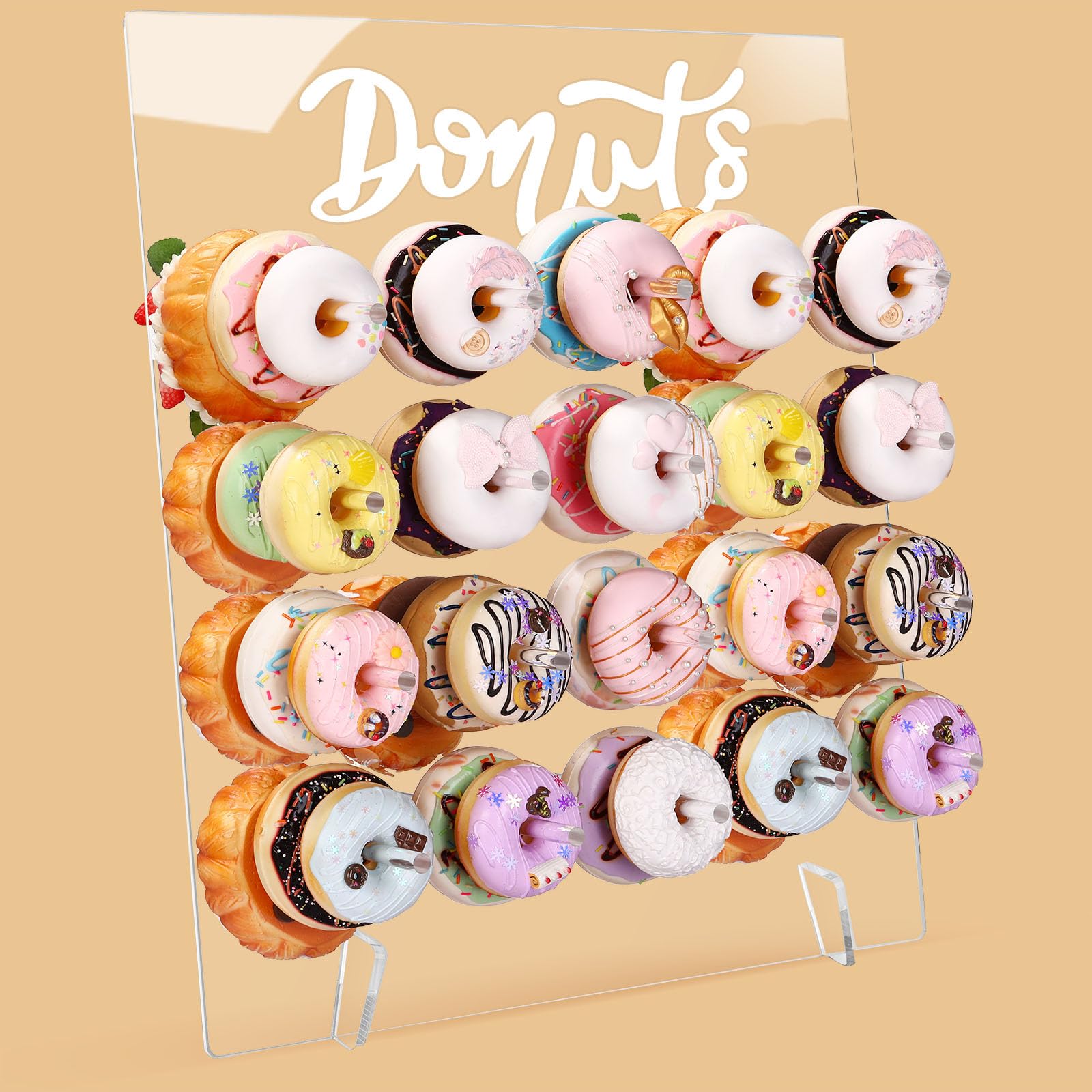 Soporte de exhibición de donas de acrílico reutilizable para 20 clavijas de 17.7 x 15 pulgadas, tablero de donas para mesa de postre, donas, decoración de fiesta de cumpleaños para fiesta de