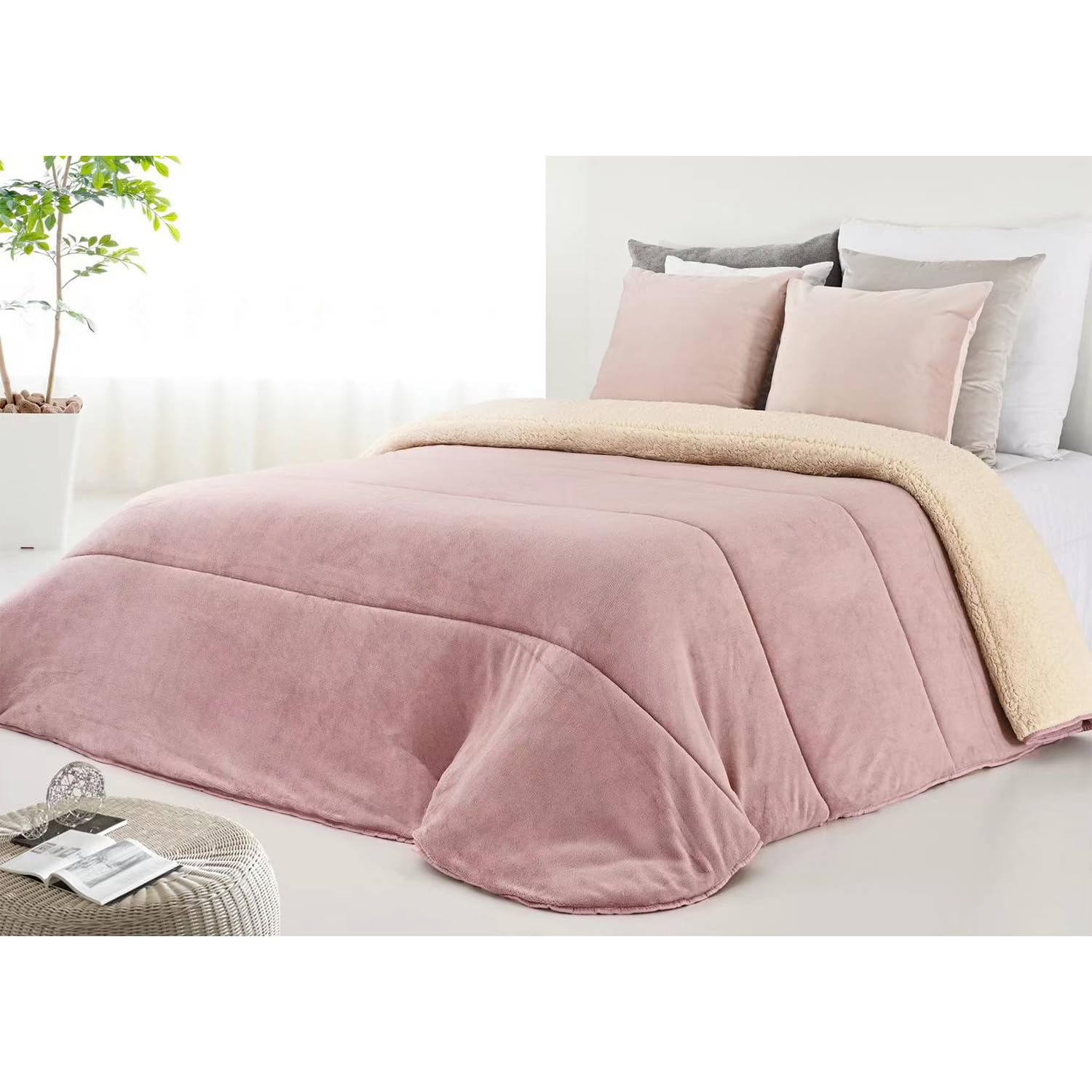 GREATOYAR Edredón Nórdico Borrego, Edredon con Sherpa y Coralina, Ideal para Invierno, para Cama de 90cm y 105cm, Edredón Cama Matrimonio y Sofá para Invierno, Cálida y Suave, 190x240cm, Rosa
