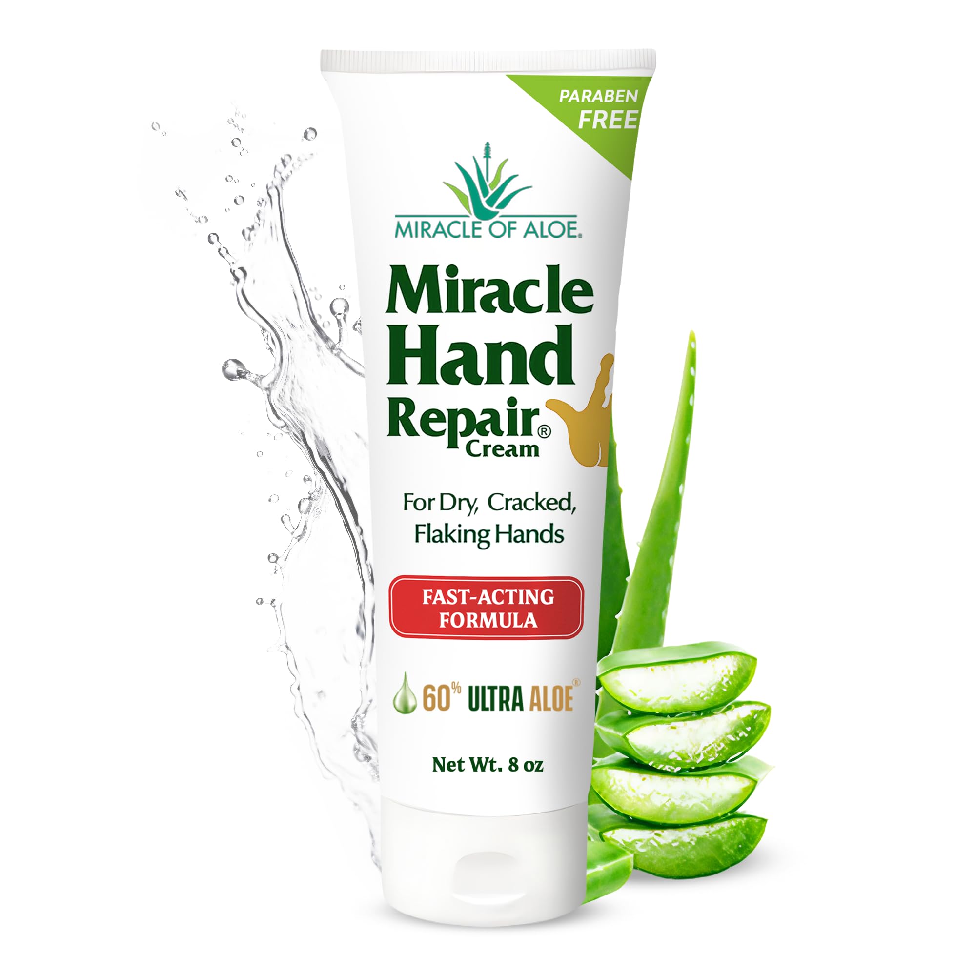 Miracle Hand Repair Cream for Dry Cracked Hands 8 oz Best Healing Hand Cream with 60% Aloe Vera - Non-Greasy Moisturizer for Working Hands - Fast
