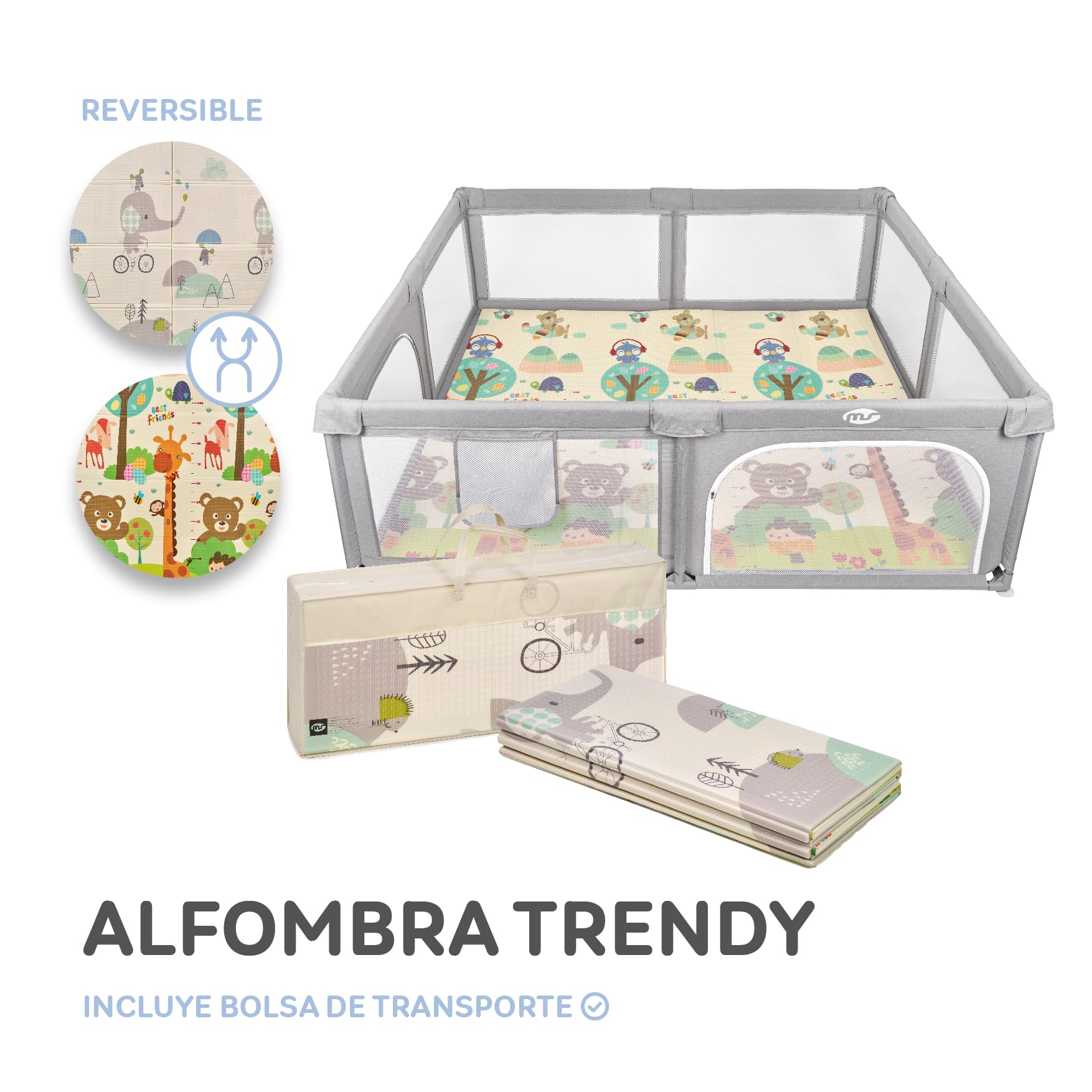 MS BabyWorld - PARC XXL + TAPIS TRENDY - Tapis de Jeu pour Bébé (180x200 cm) Réversible | Très Rembourré (1 cm d’Épaisseur) | Pliable avec Sac de Transport