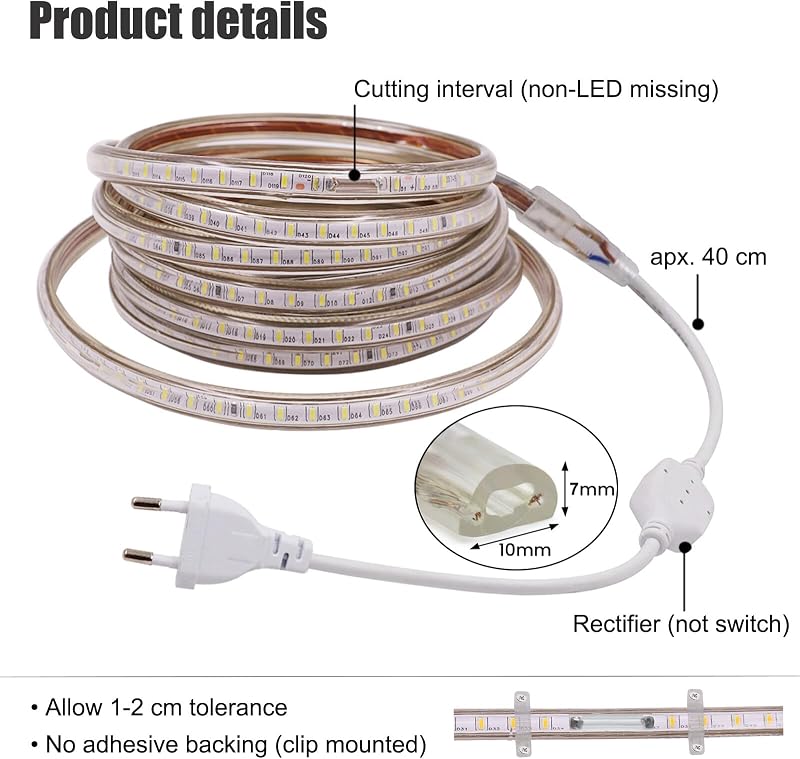 XUNATA 220V LED szalag 120 LED/m IP67 vízálló hideg fehér SMD 3014 konyhai világítás