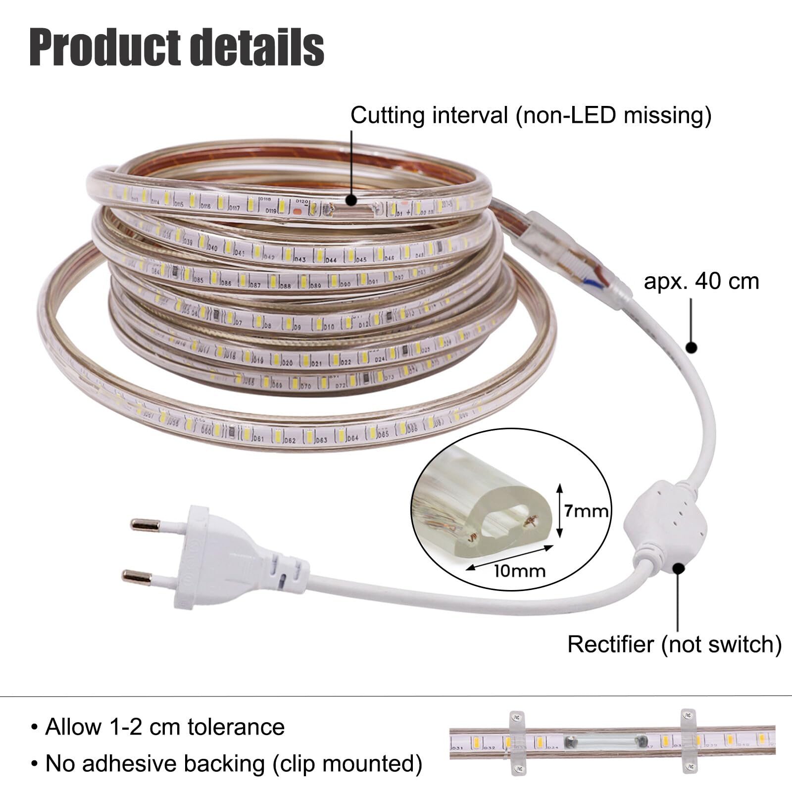 XUNATA 2m 220V Tiras LED, SMD 3014 120LEDs/m, IP67 Impermeable, Escalera de Techo Blancas Tira de LED Cocina Cable Luces LED Blanco calido