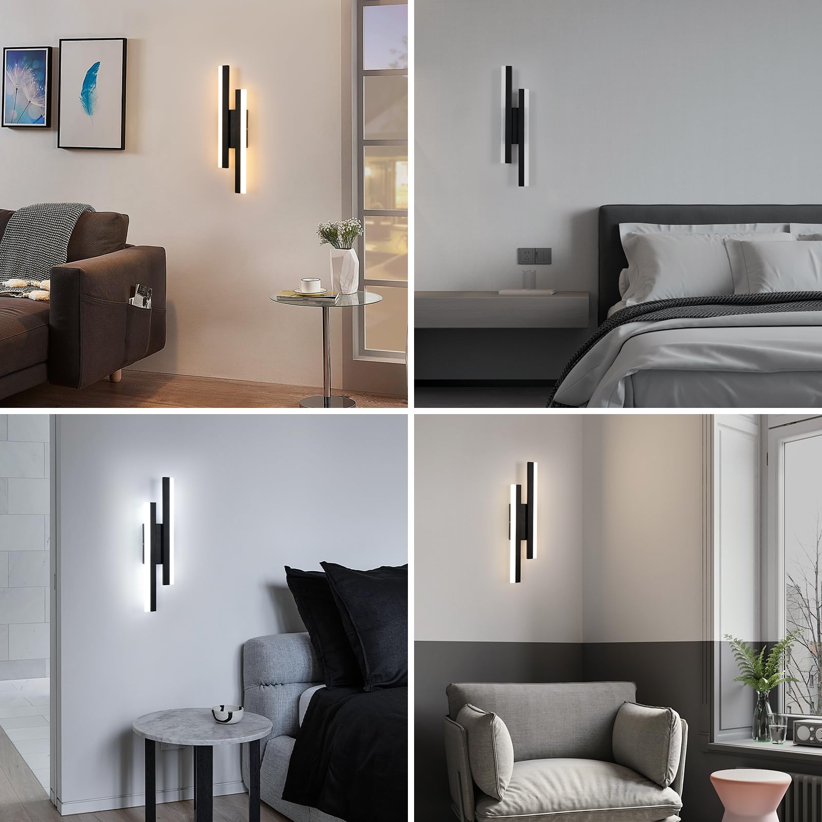 Lampa ścienna LED Comely 16W, 3 tryby ściemniania lampy ściennej LED, 3000/4000K/6500K Czarna lampa ścienna do sypialni, salonu, schodów, przedpokoju