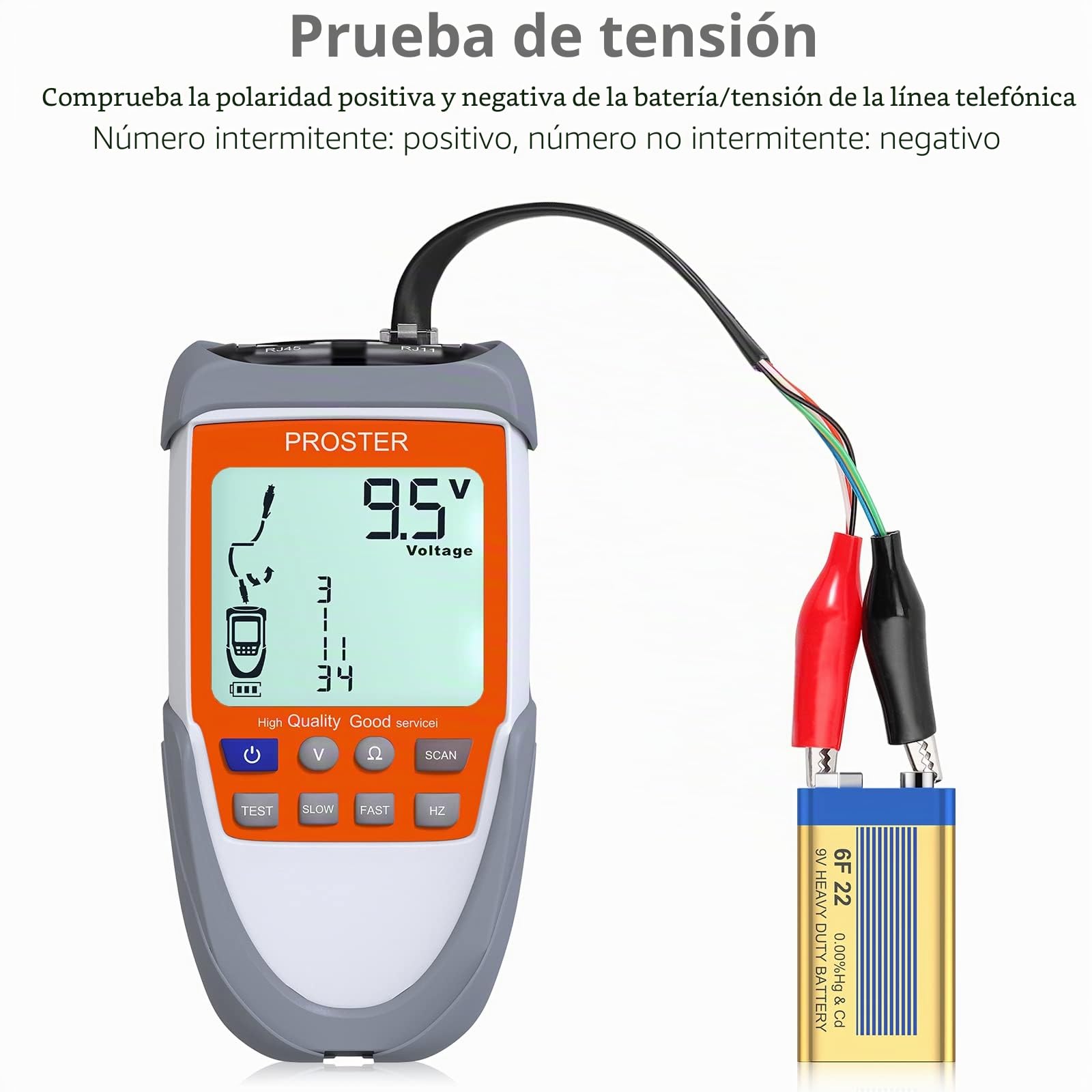 Proster Comprobador de Cables RJ45 RJ11 con Pantalla LCD Tester de Cables 2 Modos para Voltaje Continuidad Polaridad POE Localizador de Líneas Multifuncional para Ethernet Líneas Telefónicas