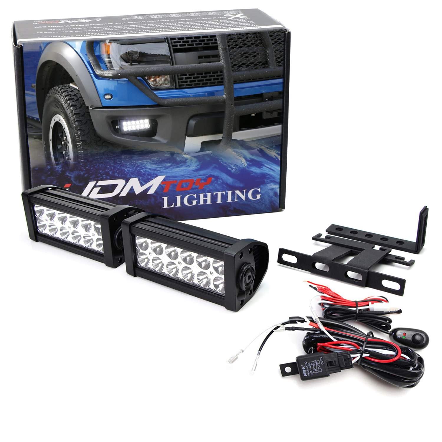 iJDMTOY LED Light Bar Fog Lamp Kit Compatible With 2010-14 Ford Raptor SVT, Includes (2) 36W High Power LED Lightbars, Lower Bumper Opening Area Mounting Brackets & On-Off Switch Wiring