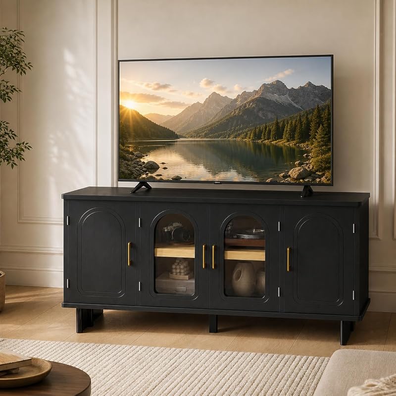 Bestier Mid-Century Modern TV Stand for 65'' TV, Arched Glass Door, Black