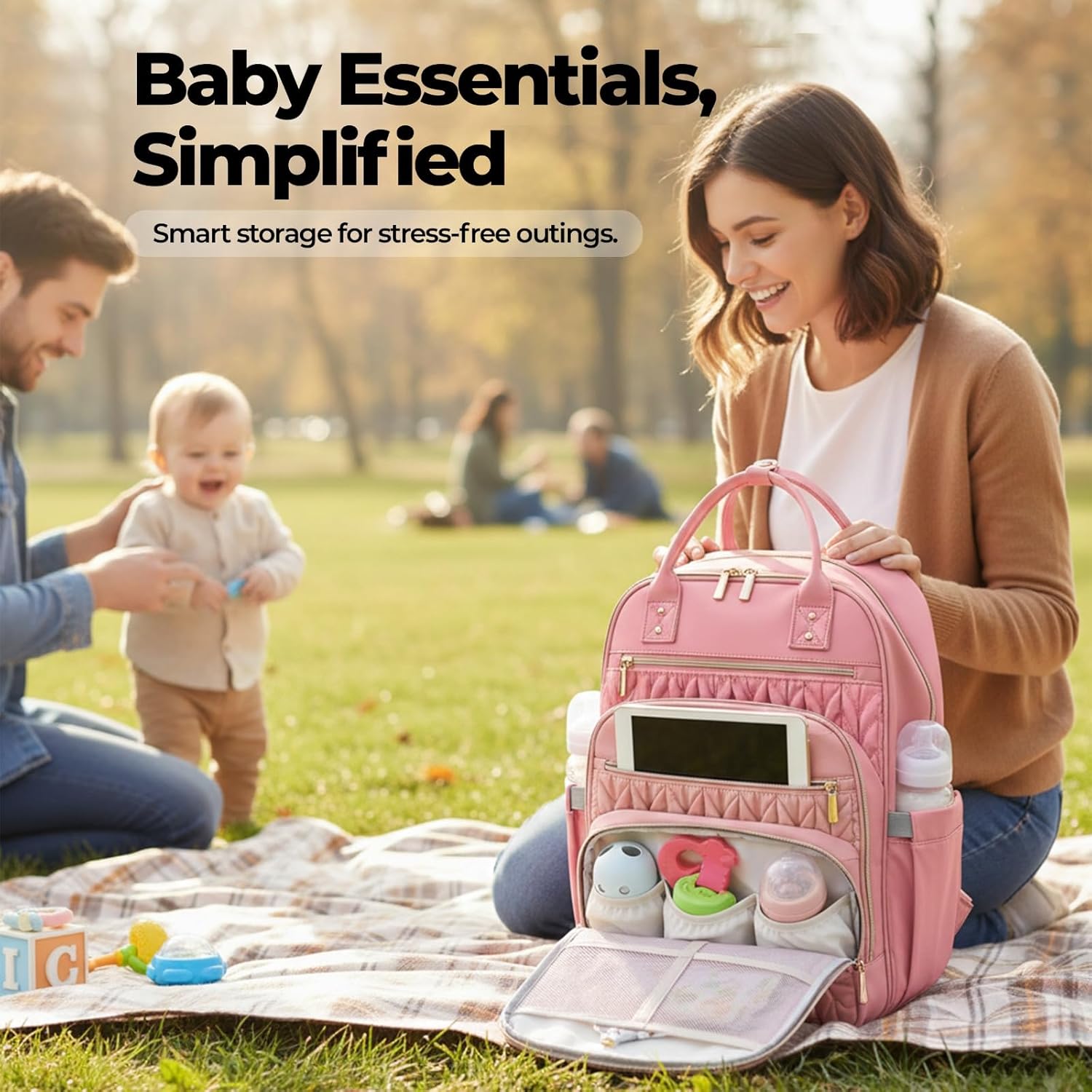 Jubily Diaper Bag Backpack, 30L Travel Backpack for Women, Waterproof Bag with 5 Compartments, 20 Pockets, Laptop & iPad Slots, Portable Changing Pad, Baby Essentials Organizer (Pink)