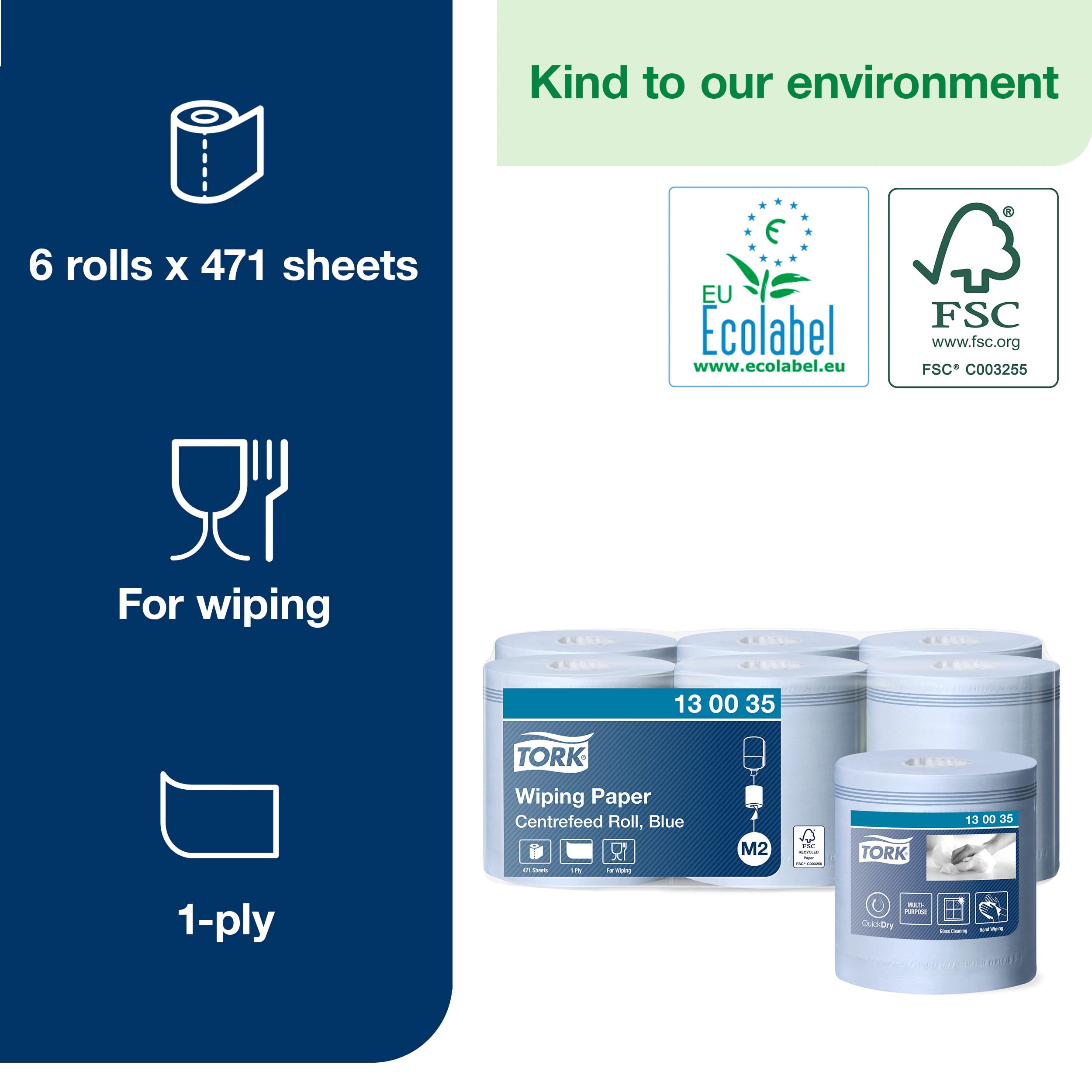 Tork 130035 Carta per asciugatura Premium QuickDry, compatibile con il sistema M2 (ad estrazione centrale maxi), 1 velo, 1 x 6 rotoli (6 x 165 m), colore blu