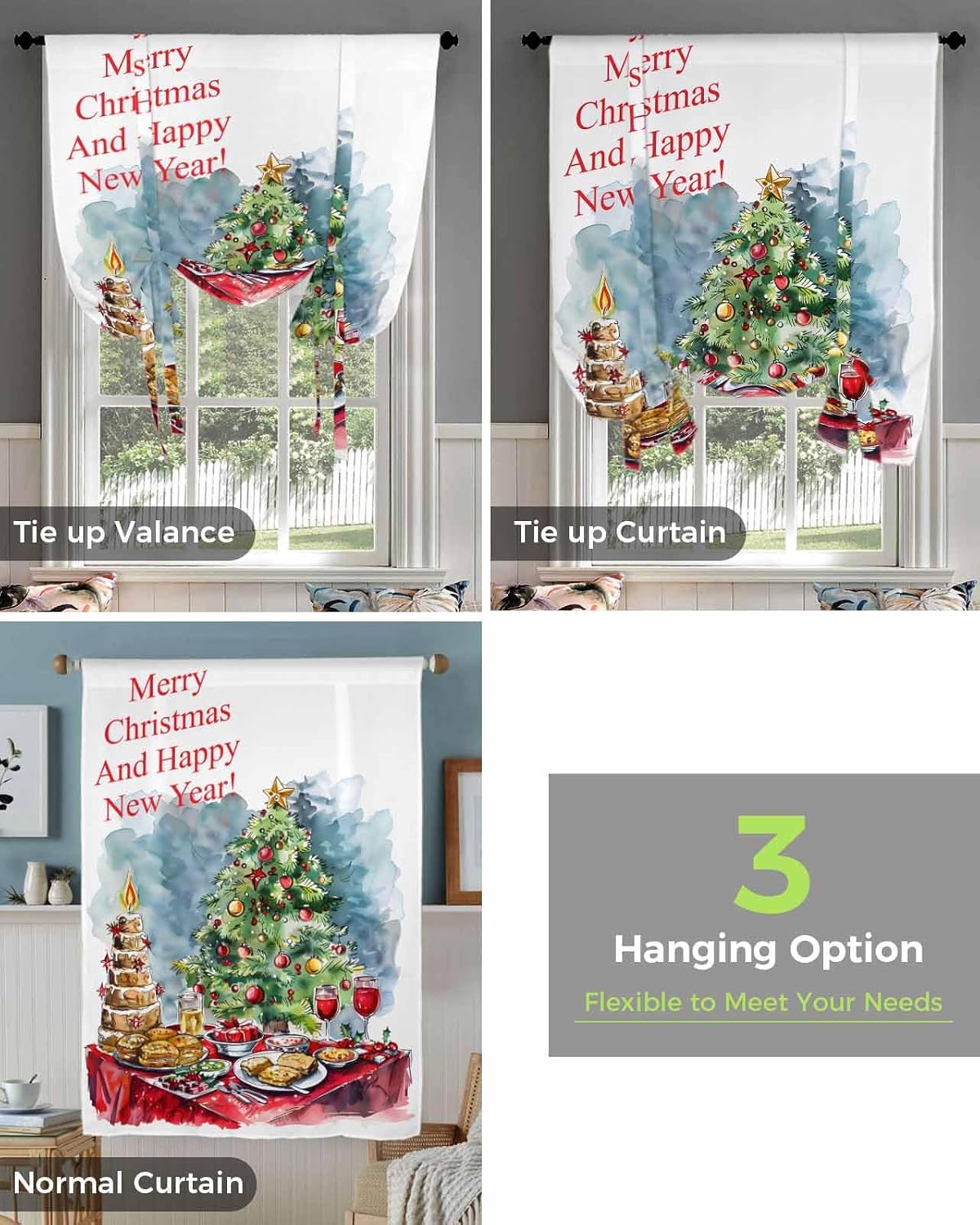 Tie Up Curtains for Kitchen Windows,Merry Christmas Dinner Xmas Tree with Ball Adjustable Balloon Shade Curtain Panel Rod Pocket Drapes for Small Window Decor 52"Wx63"L,Happy New Year Cake Food