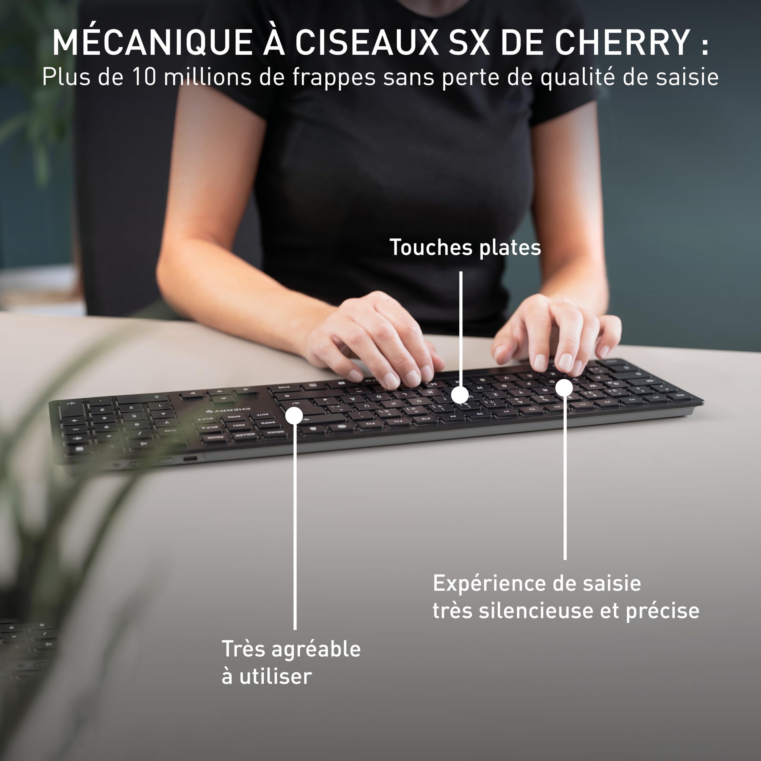CHERRY KW 9100 SLIM, clavier au design sans fil, Disposition suisse (QWERTZ), Connexion au choix Bluetooth ou radio 2,4 GHz, Touches plates, Rechargeable, Gris anthracite