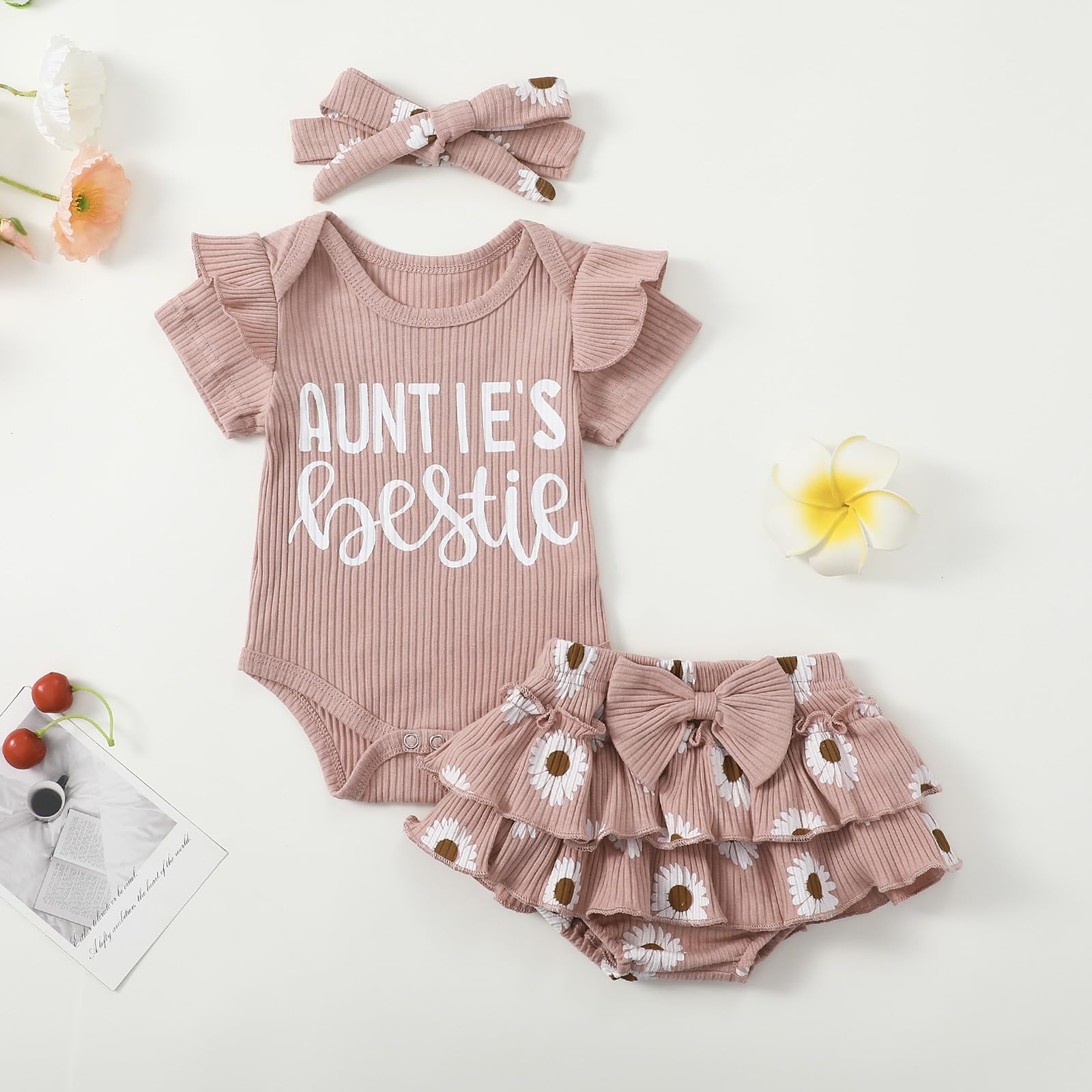 Infant Newborn Baby Girls Summer Outfits Short Sleeve Letter Print Romper Daisy PP Shorts Headband Clothes Sets (Pink, 12-18 Months)