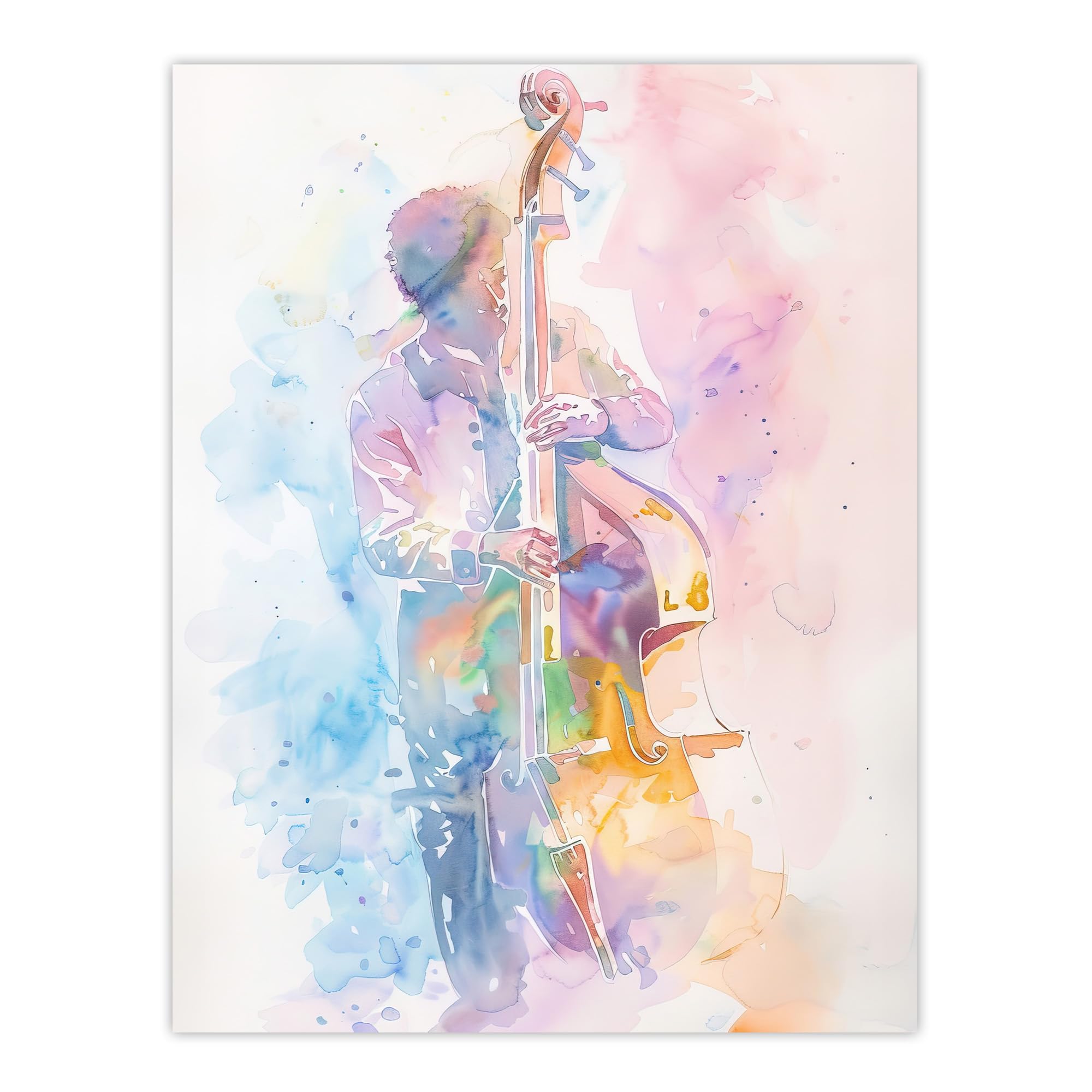 Artery8 Double Bassist Jazz Musician Light Watercolour Living Room Large Wall Art Poster Print Thick Paper 18X24 Inch