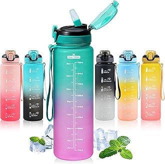 Water Bottle with Straw 1L,Boys Water Bottles with Straw 1 Litre,Waterbottle Leak-Proof Sports Water Bottle,Plastic Drinks Bottles Toxin Free，Bpa-Free (Gradient Green-Pink)