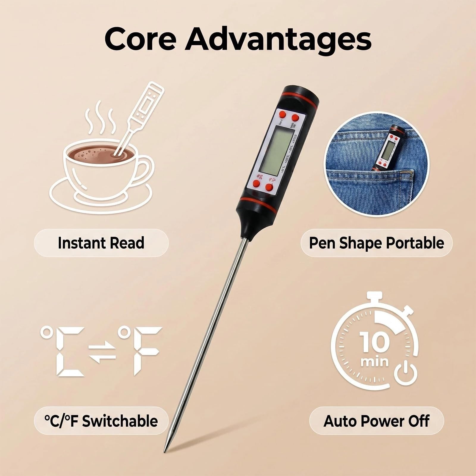 2 termómetros de cocina digital con sonda para barbacoa, Carne, Pavo, Vino, Jalea - Pantalla LCD Grande, Rango de Medición de -50 °C a +300 °C, Apagado Automático