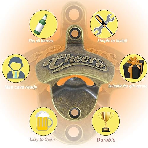 Miniatura 7 de HAIICEN Abridor de tapa de botella de bronce antiguo Montaje en pared Abridor de cerveza Saludos inoxidable Abrebotellas Montable (3 piezas)