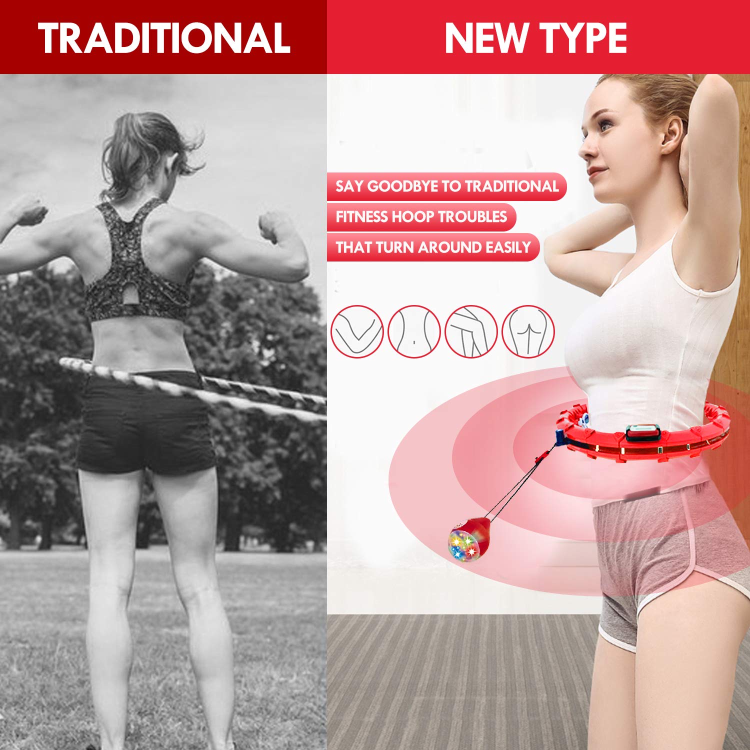 KUWAN Smart Fitness Hoola Hoop Pneu pour adulte 24 mouvements et réglables avec massage à 360 degrés et enregistrement intelligent des données