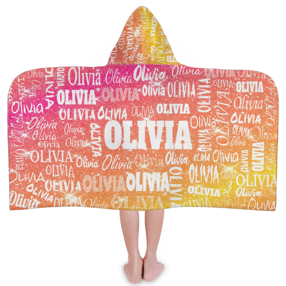 Mularoka Personalized Hooded Towel Kids Beach Towels Name, Custom Toddlers Cotton Wrap Towel for Shower Beach Trip Pool, Yellow Orange Glitters with Stars