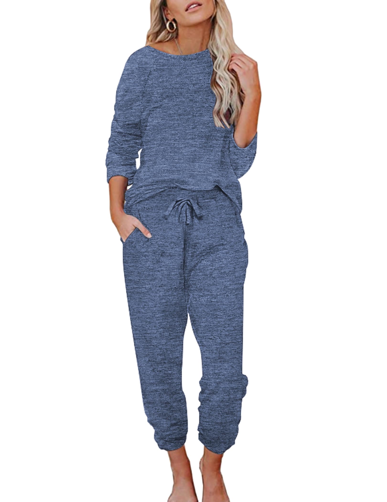 Ekouaer Damen Schlafanzug Lang Weich Pyjama Set mit Taschen Zweiteiler Sleepwear Winter Hausanzug S-XXL