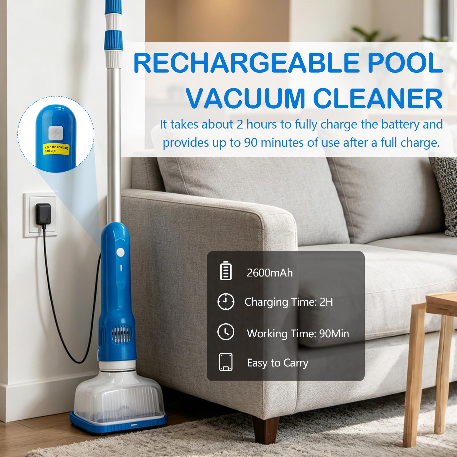Aspirateur de Piscine sans Fil, 3 en 1 Rechargeable Aspirateur Manuels de Piscine Portable avec Manche Télescopique, Nettoyeur de Piscine Électrique pour Piscine, Spa, Jaccuzi