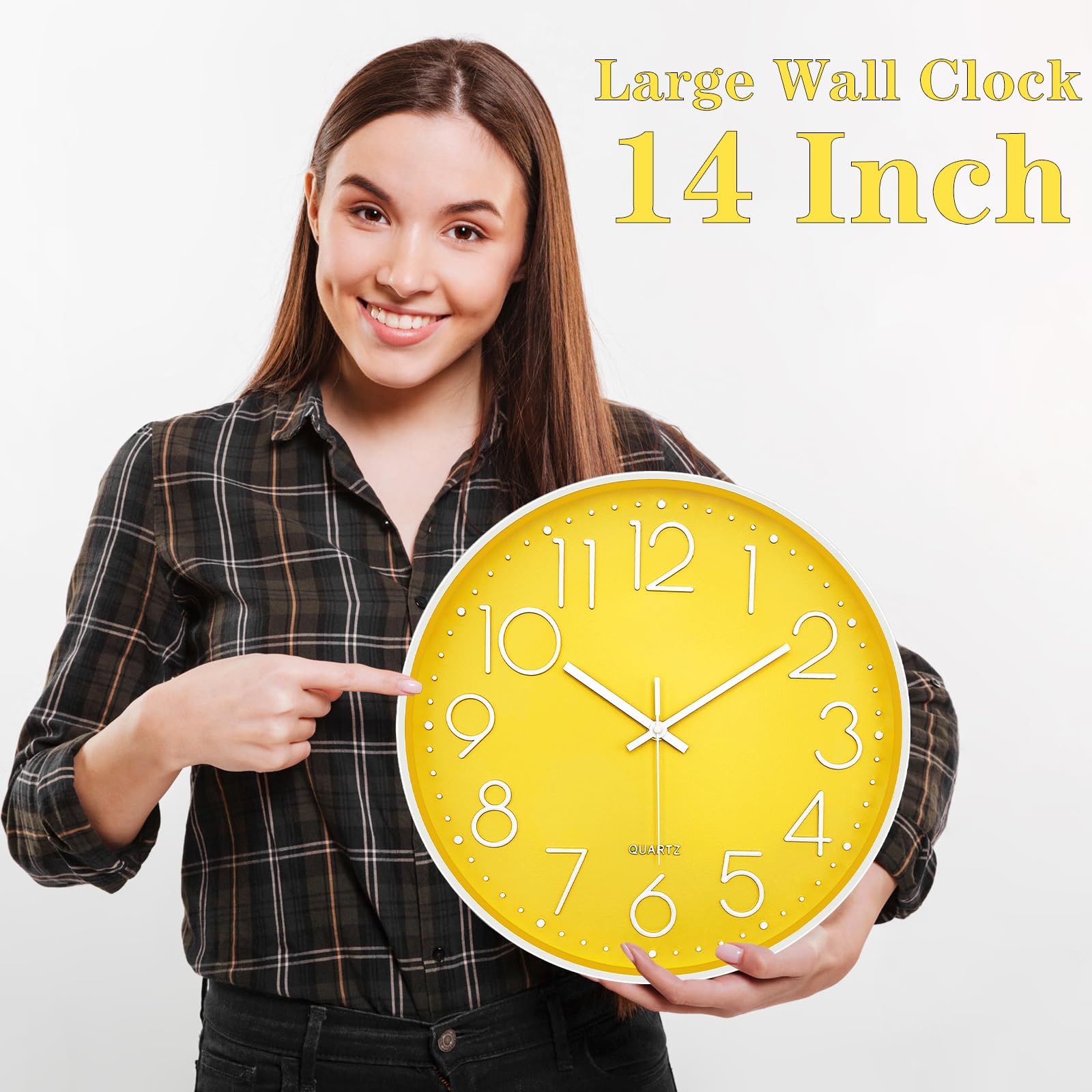 Orologio da parete moderno giallo per soggiorno, 35,5 cm, grande orologio da parete silenzioso a batteria, orologio analogico rotondo classico per camera da letto, cucina, ufficio, bagno,
