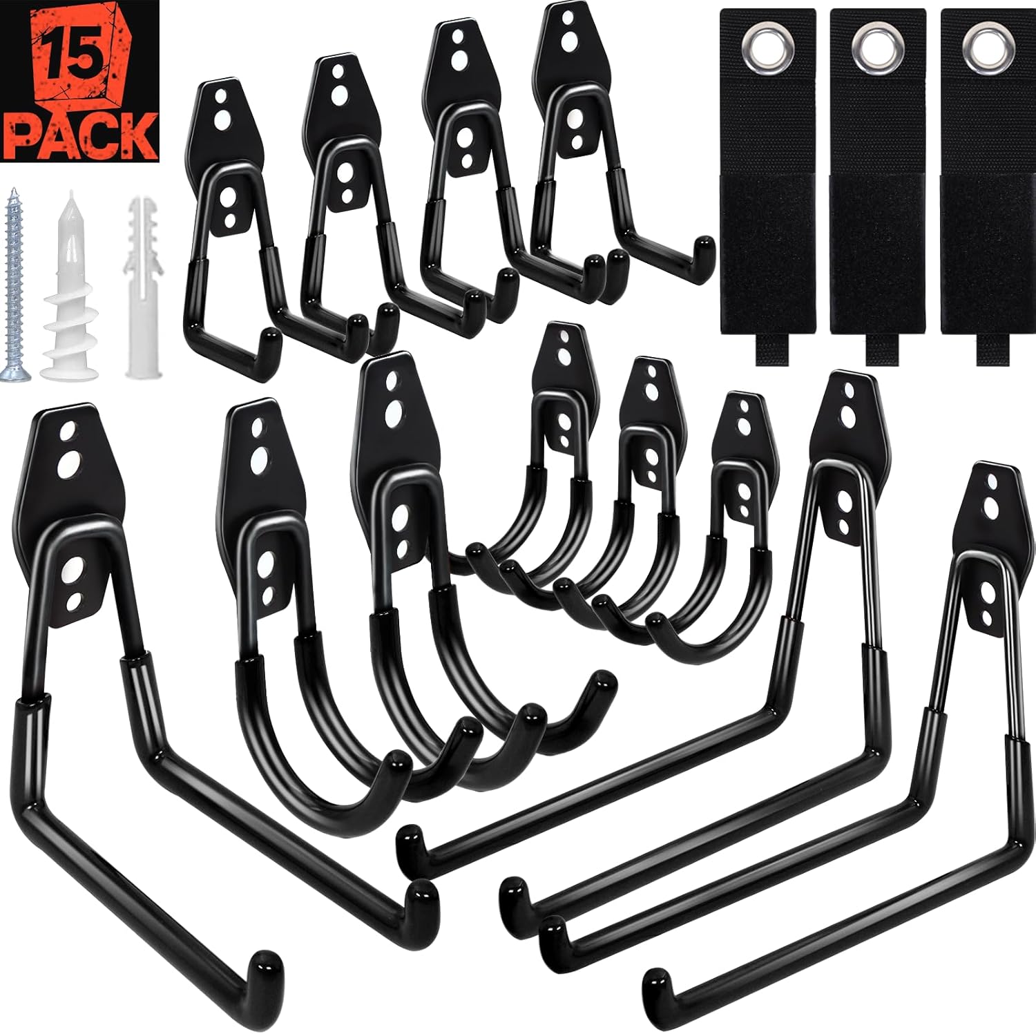 15pcs Garage Storage Wall Hooks - Heavy Duty Garage Hooks for Hanging Yard Tools Ladders Bikes Power Hose Shovel Metal Shed Hangers Organizer System